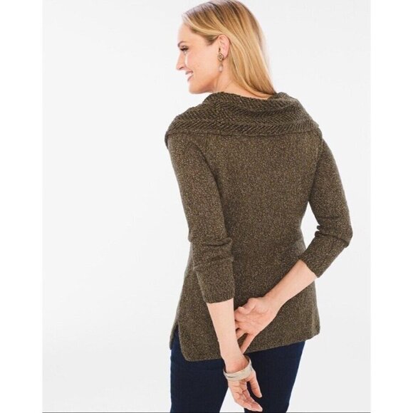 Chico's Cowl Neck 3/4 Sleeve Pullover Sweater Forest Green Gold Metallic 2/M - Picture 4 of 11